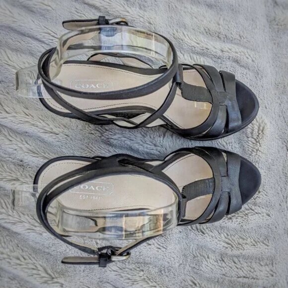 COACH Catalina Black Leather Embellished Studded Wedge Ankle Strap Sandal Sz 7.5 - Picture 11 of 12